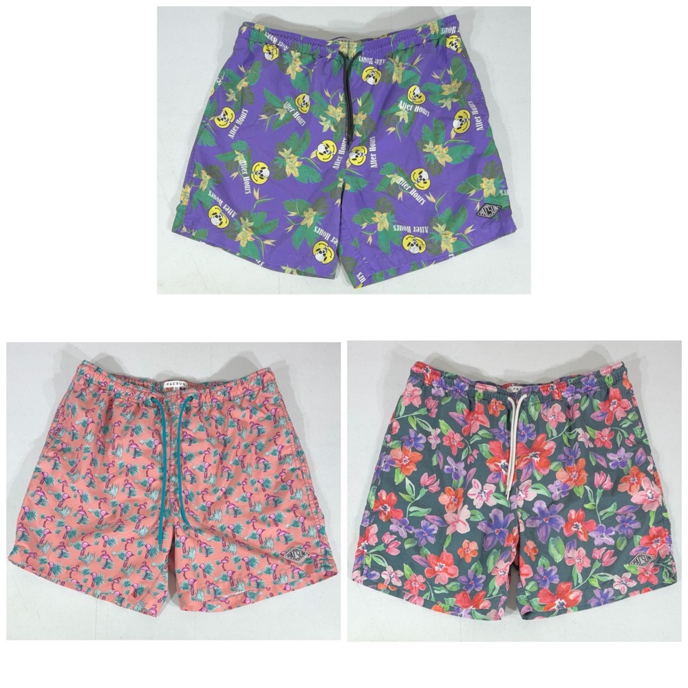 PacSun Swim Trunks XL Lot of 3 Floral Flamingo Skull Smiley Face Liners Removed